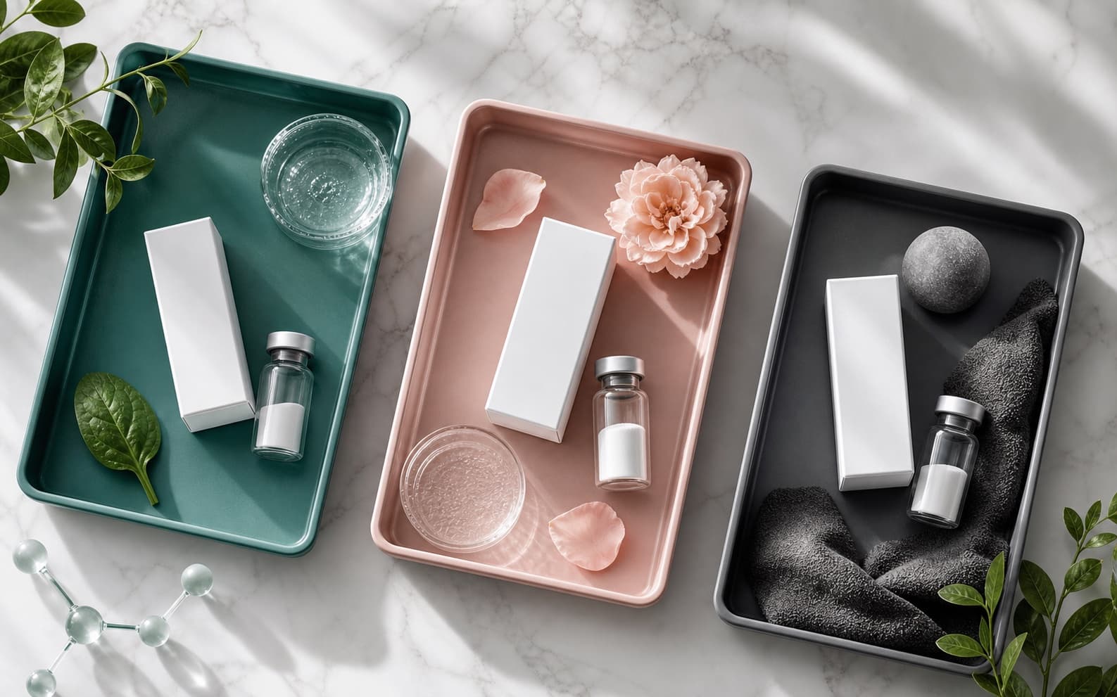 Premium guide visual showing three goal-based peptide range trays