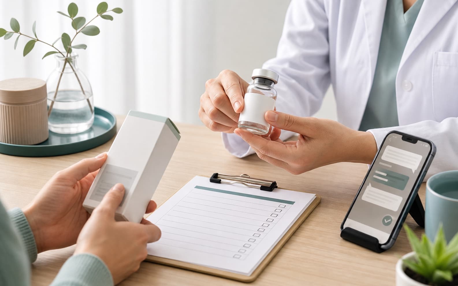 Professional consultation scene with an unbranded product box, vial label, checklist, and phone chat