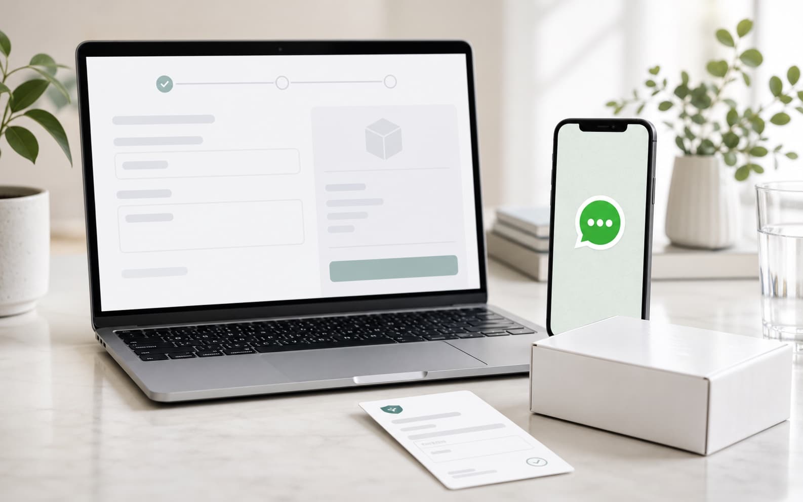 Premium WhatsApp checkout guide visual with laptop and message phone