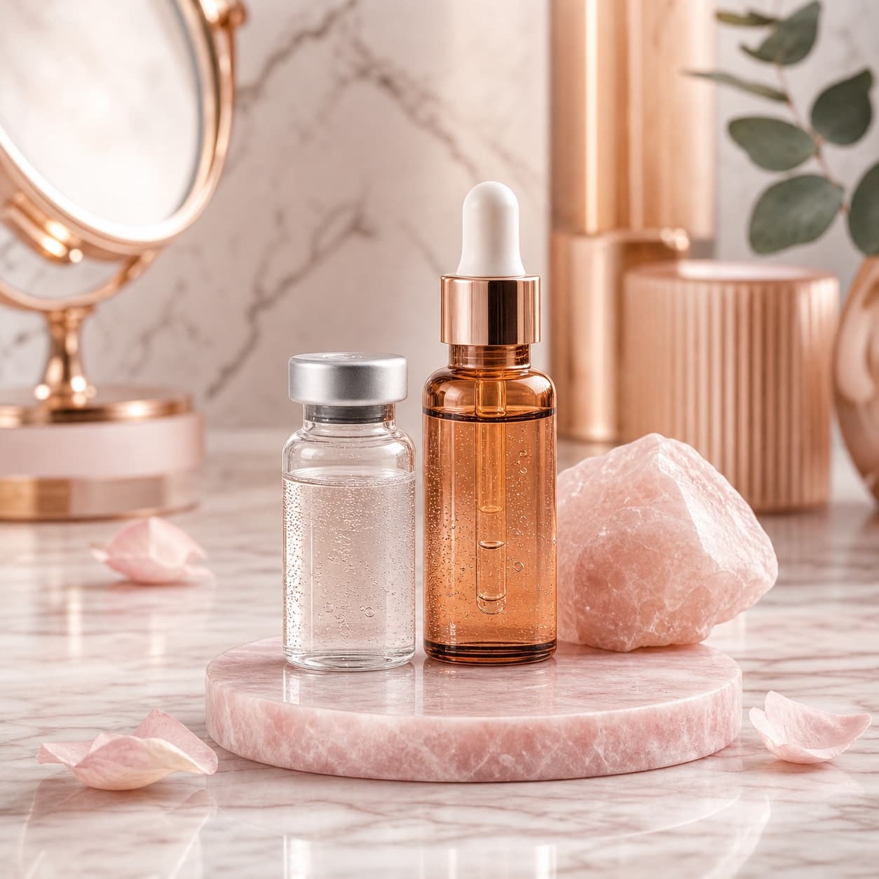 Premium GHK-Cu product concept with unbranded vial and copper skincare props