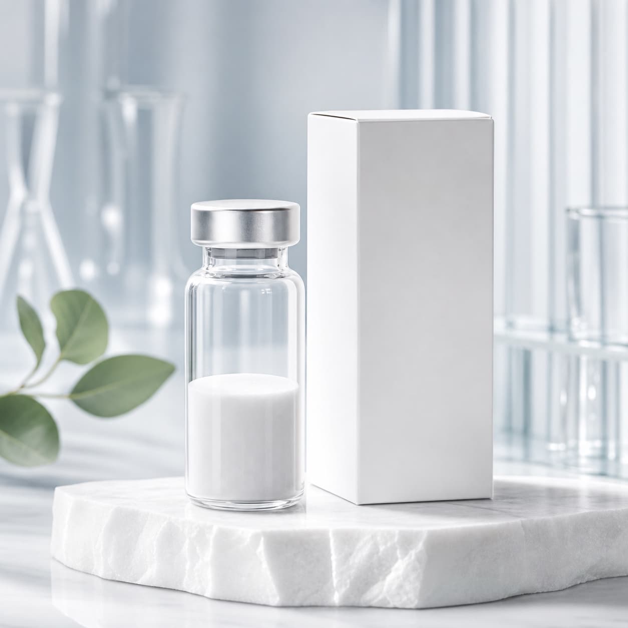 Premium Semaglutide product concept with unbranded vial and white carton