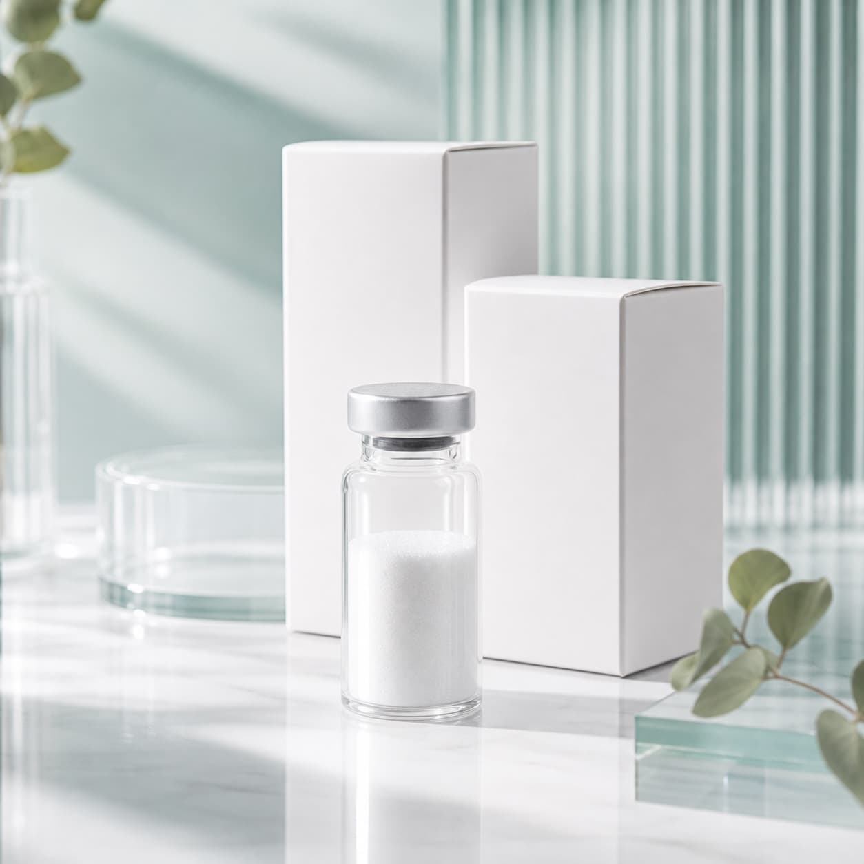 Premium Tirzepatide product concept with unbranded vial and white cartons