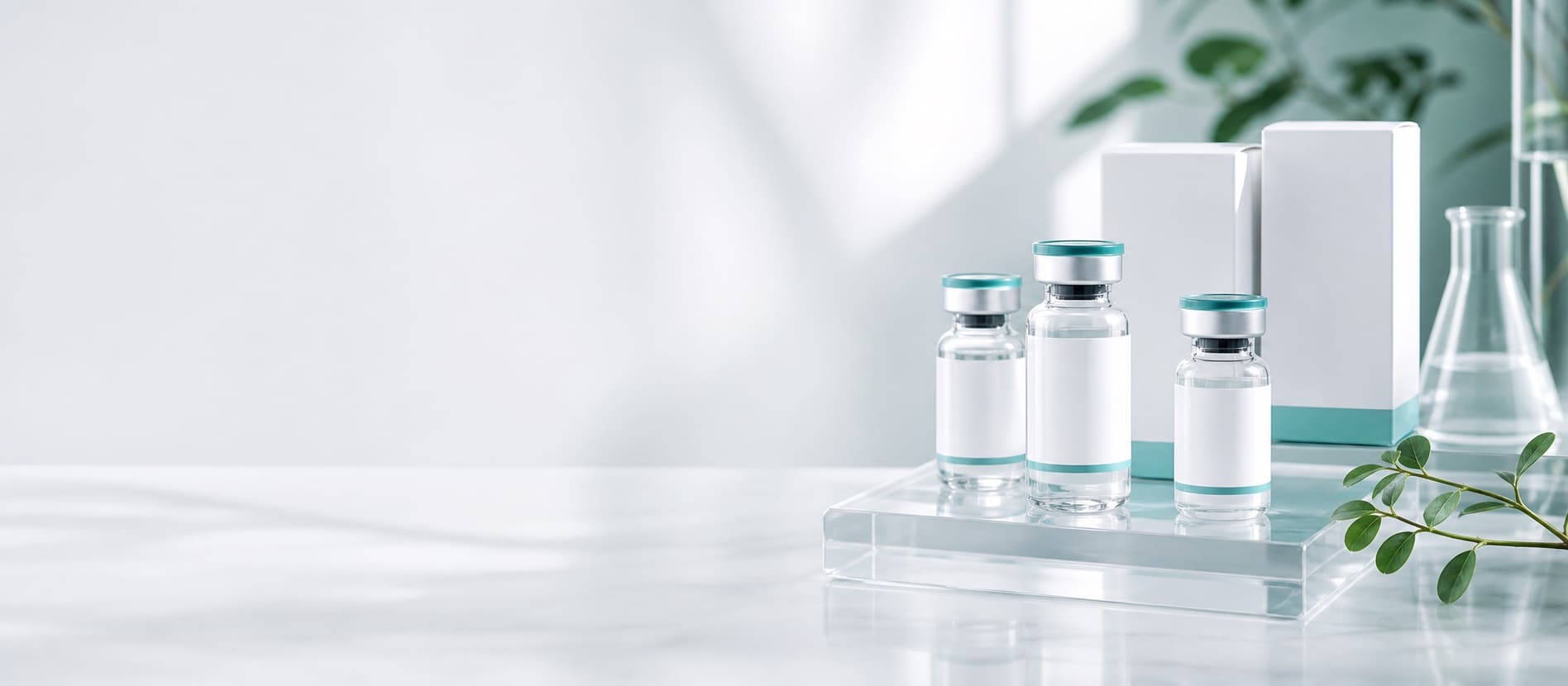 Premium GLP-style packaging and vials on a bright clinical surface